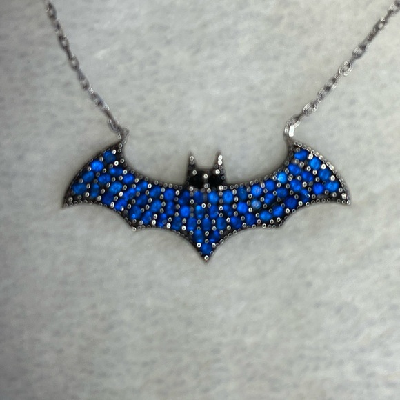 Halloween Deep Blue Sapphire & Sterling Bat Adjustable Necklace with Onyx Eyes - Picture 6 of 8